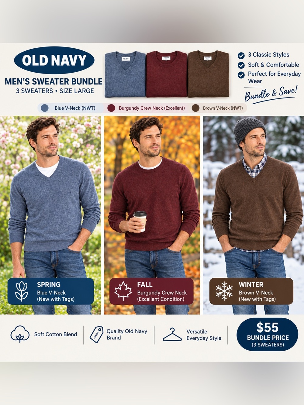 Old Navy Men’s Sweater Bundle L NWT Brown Blue V-Necks Burgundy Crewneck 3-Piece